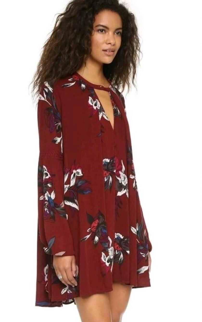 Free People Tree Swing Tunic Dress Burgundy Floral Long Sleeve Boho Small